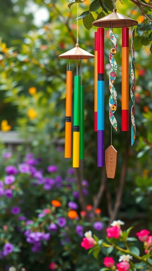 Colorful wind chimes hanging in a garden with vibrant flowers