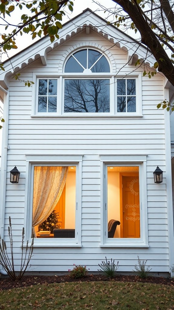 A modern house with unique window shapes showcasing an arched window and rectangular windows on either side.