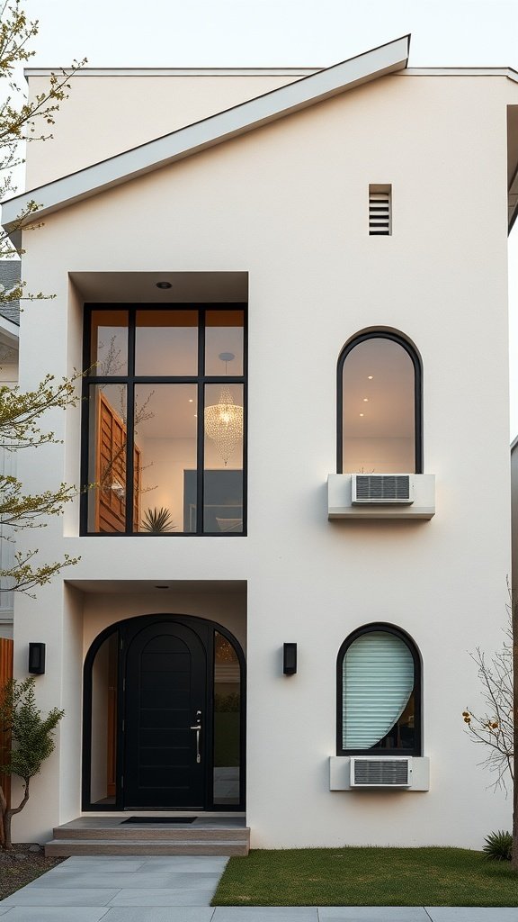 A modern house with unique window shapes, including a large rectangular window and two arched windows, showcasing a blend of retro and contemporary design.