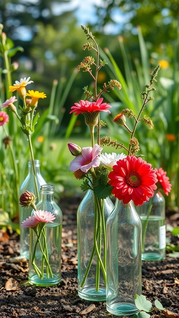 Glass bottles filled with vibrant flowers in a garden setting