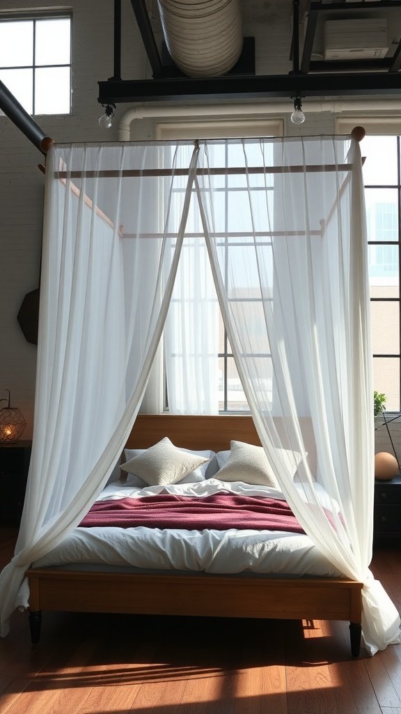 A modern loft bedroom featuring an urban chic canopy bed with white drapes, surrounded by large windows and wooden flooring.
