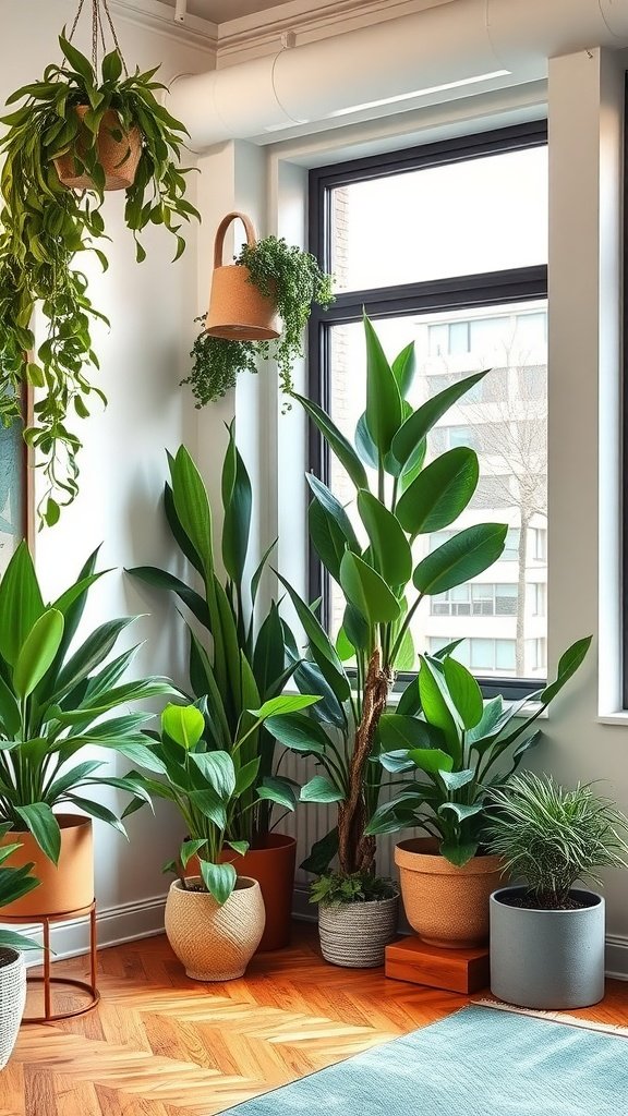 Indoor plants in various pots near a large window in a modern loft setting