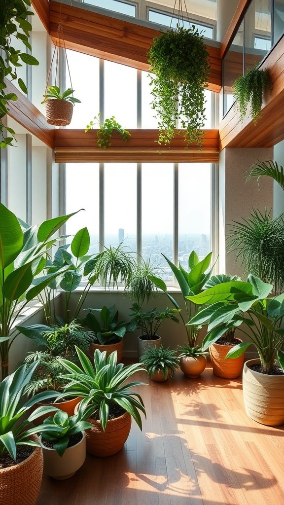 Bright and airy penthouse interior filled with lush green plants and large windows.