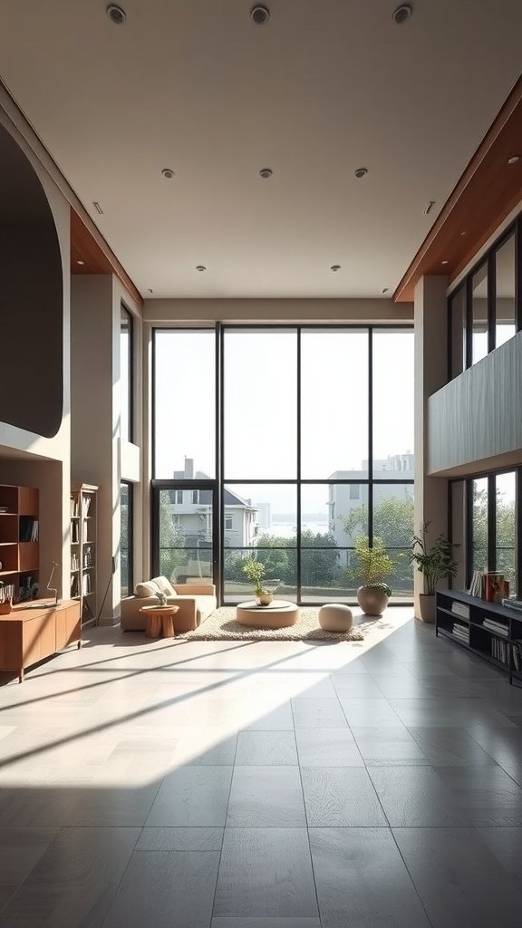 A spacious urban loft interior featuring large windows, minimal furniture, and a cozy aesthetic.