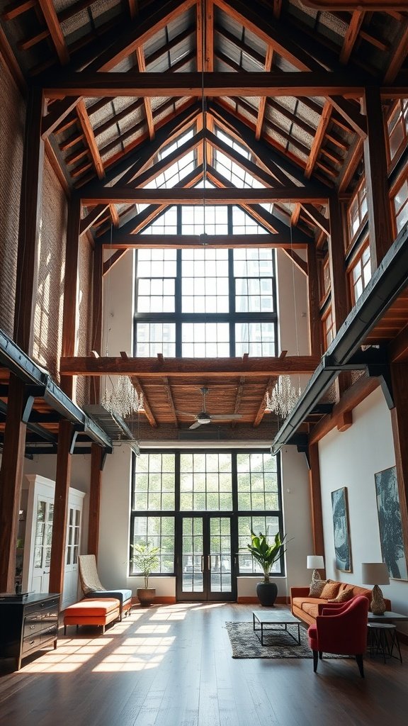 A spacious urban loft featuring exposed wooden beams, large windows, and a cozy seating area.