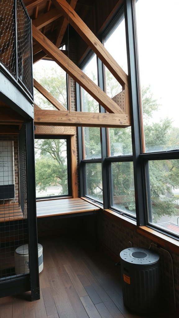 Interior of a modern loft in Brooklyn with wooden beams and large windows