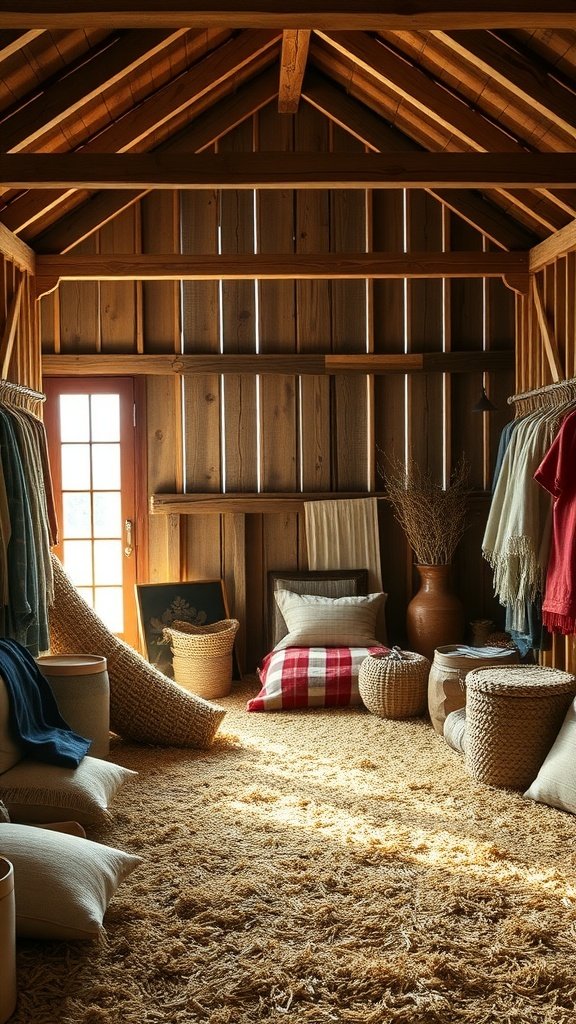 Interior of a cozy barn house showing various textiles, pillows, and woven baskets.