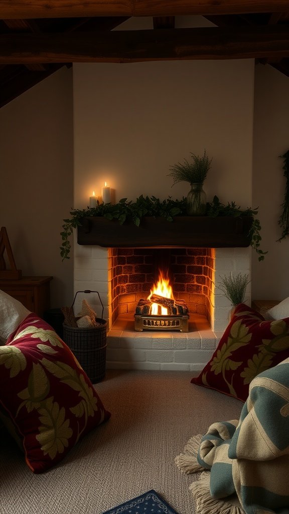 A cozy fireside interior with plush pillows, a warm glowing fire, and natural elements.