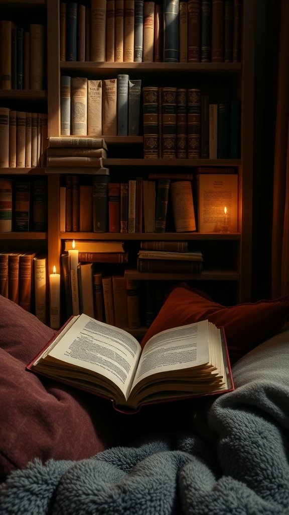 A cozy reading nook with an open book, plush pillows, a shelf of books, and candles casting a warm glow.