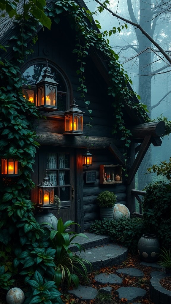A dark cottage surrounded by green vines and lanterns, with a serene atmosphere.