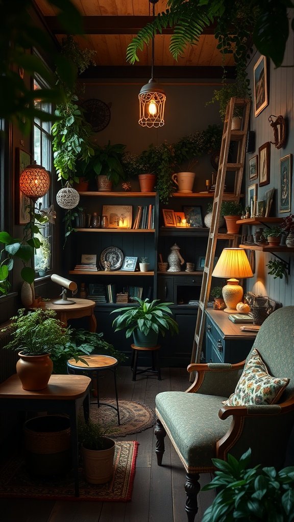 A cozy room filled with plants, warm lighting, and rustic decor, creating a nostalgic and inviting atmosphere.
