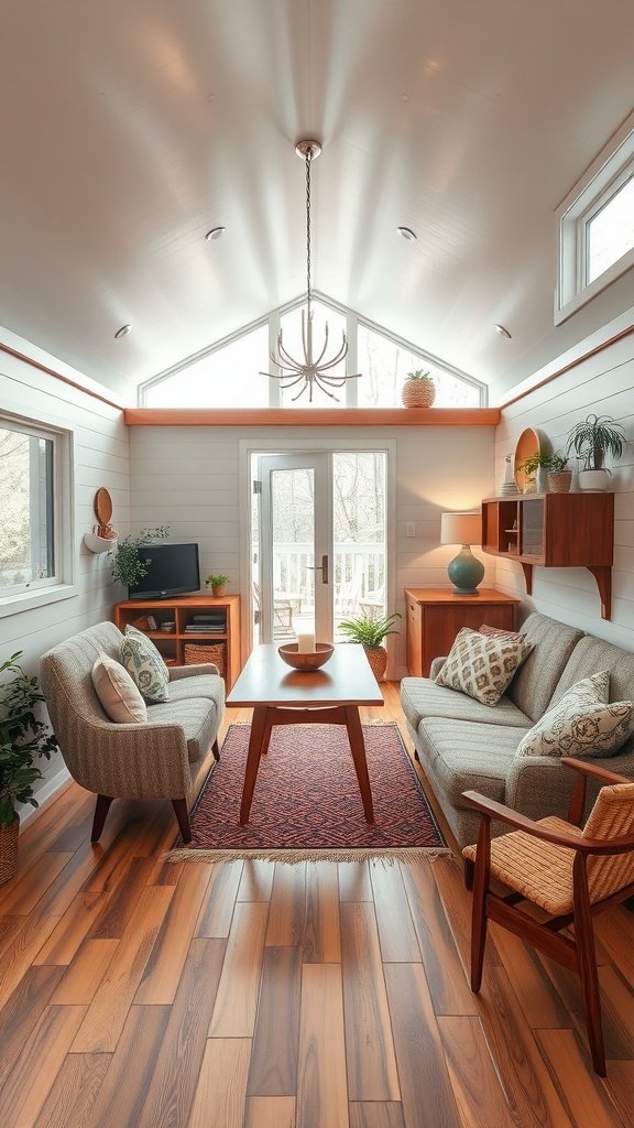 Cozy mid-century modern living room in a tiny house with stylish furniture and natural light