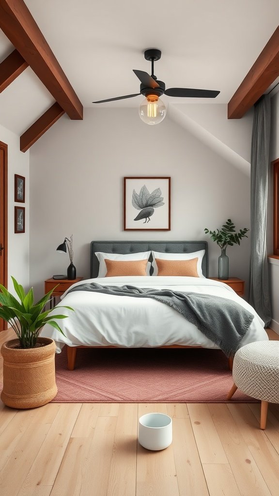 Cozy modern cottage bedroom with a bed, decorative pillows, and natural elements