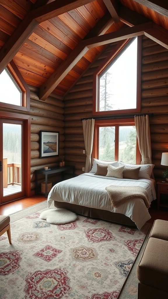 A cozy guest suite in a mountain home with rustic log walls, large windows, and a comfortable bed.