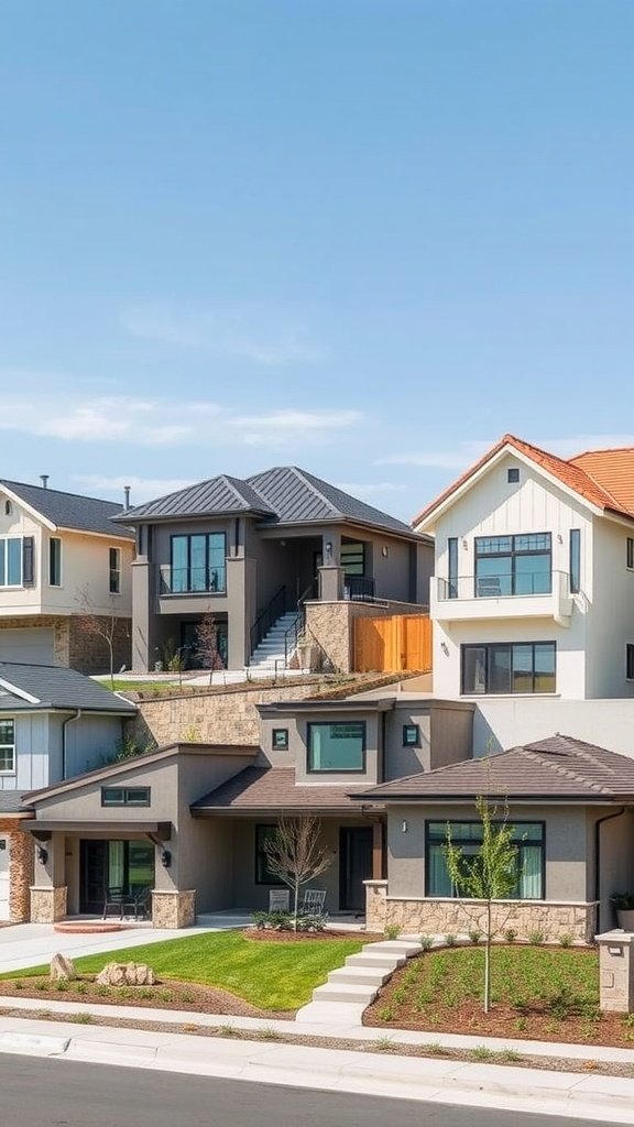 A row of modern houses showcasing unique precast concrete facades, with varied designs and landscaping.