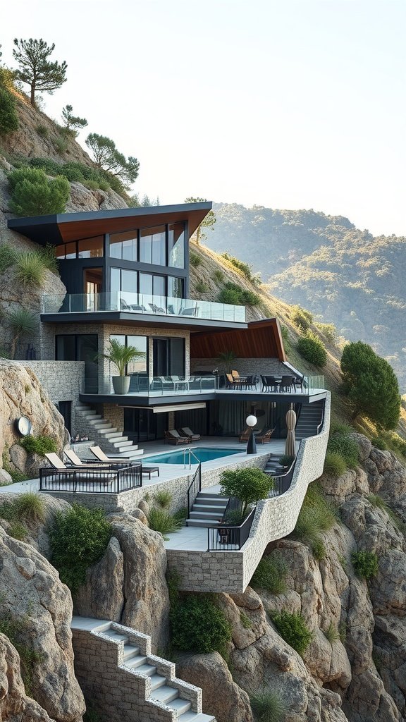 Multi-level hillside home with pool and outdoor terraces