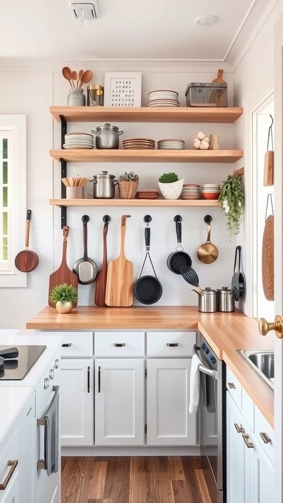 A tiny kitchen with open shelves displaying pots, plates, and utensils, highlighting vertical storage solutions.