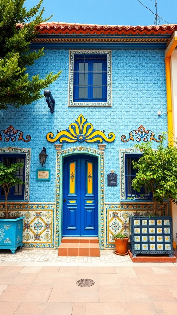 Vibrant blue and yellow tiled house exterior with intricate designs and lush greenery.