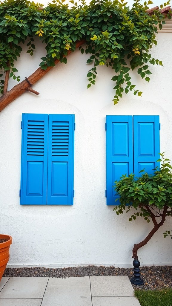 A white wall with vibrant blue shutters and lush greenery.