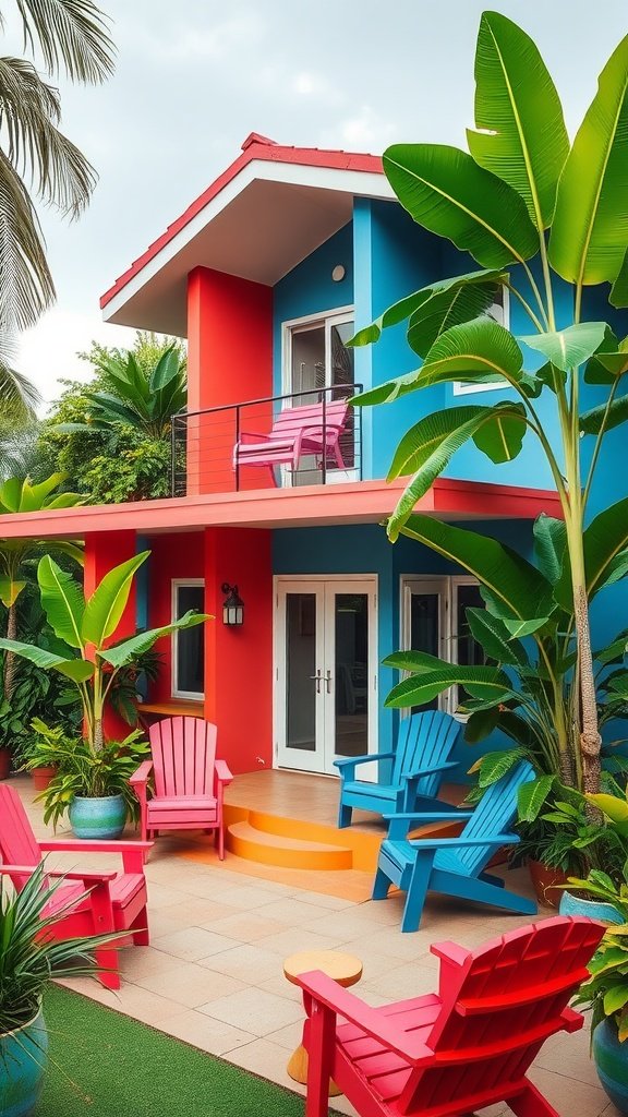 A colorful tropical house featuring red and blue walls with bright pink and blue chairs in the patio surrounded by lush greenery.