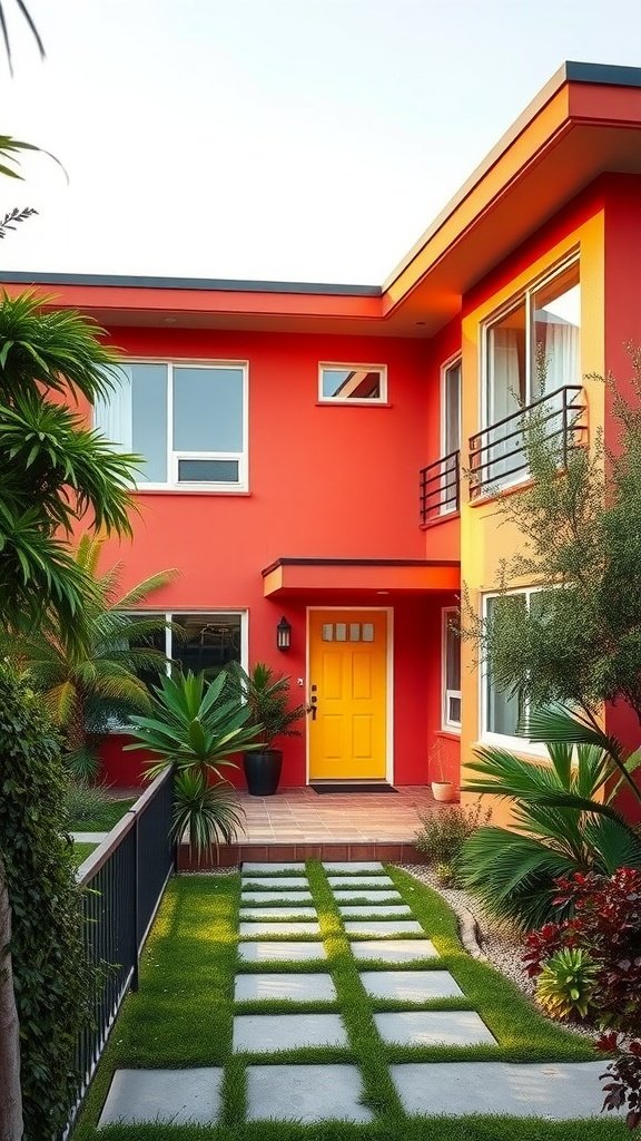 A modern house with a vibrant red exterior and a yellow front door, surrounded by lush greenery and a landscaped pathway.