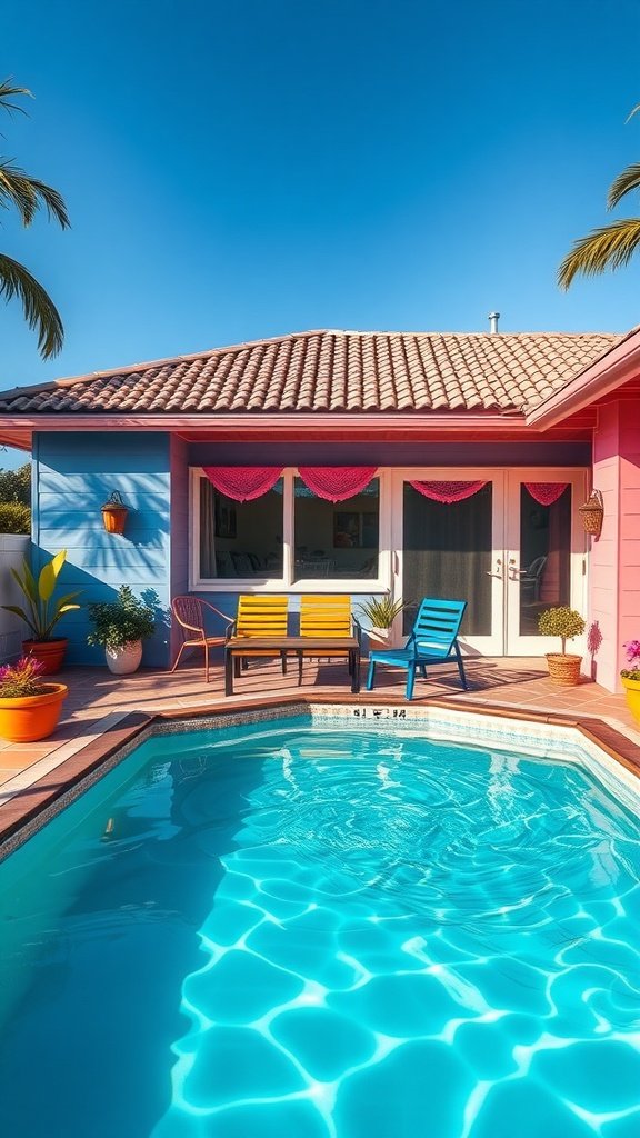 Vibrant home with a colorful pool area featuring bright chairs and potted plants.