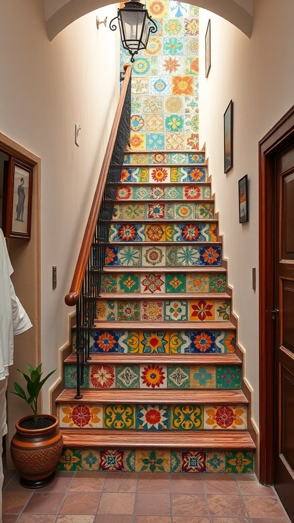 A colorful staircase decorated with vibrant painted tiles, featuring floral and geometric patterns, with a wooden railing and a lantern above.