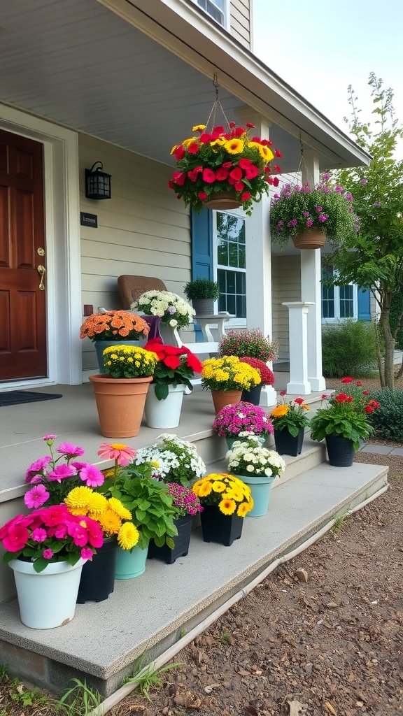 Colorful potted flowers on a farmhouse front porch