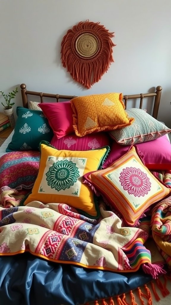 A cozy bed adorned with colorful throw pillows and blankets in a bohemian style bedroom.