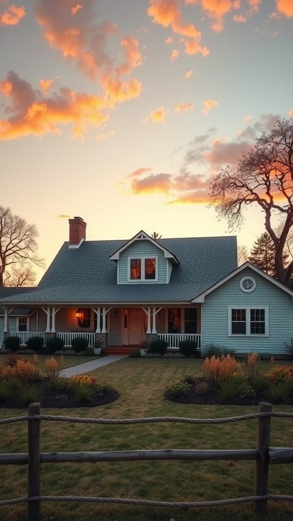 A vintage-inspired farmhouse with a blue exterior, surrounded by colorful landscaping and a wooden fence, under a beautiful sky.