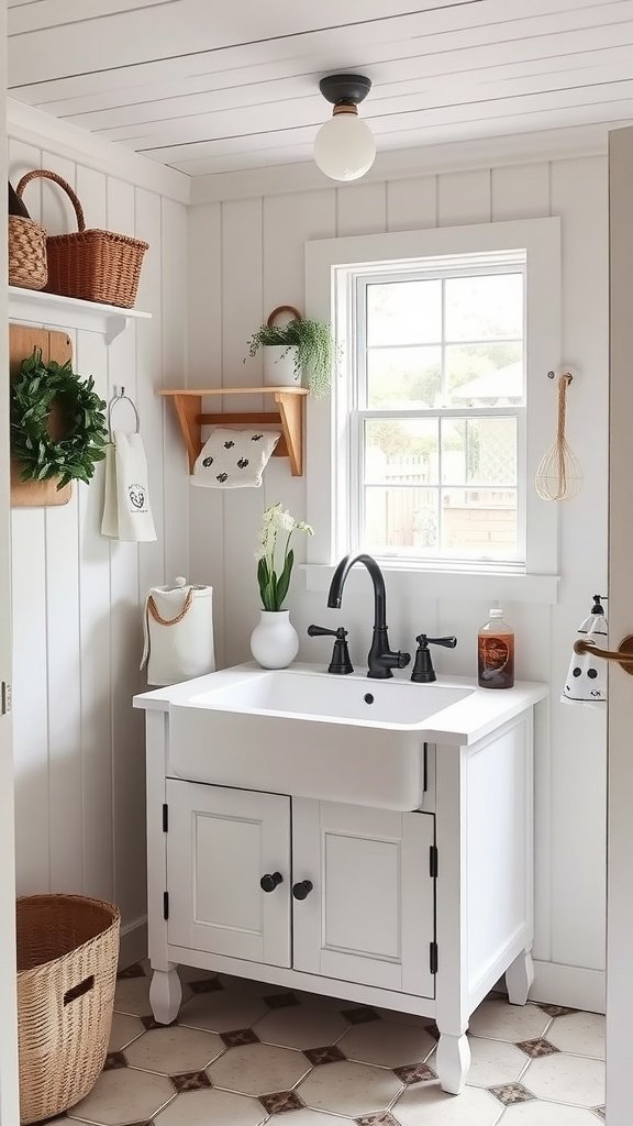 A vintage-inspired laundry sink featuring a white cabinet and black faucet, with natural light coming from a window.