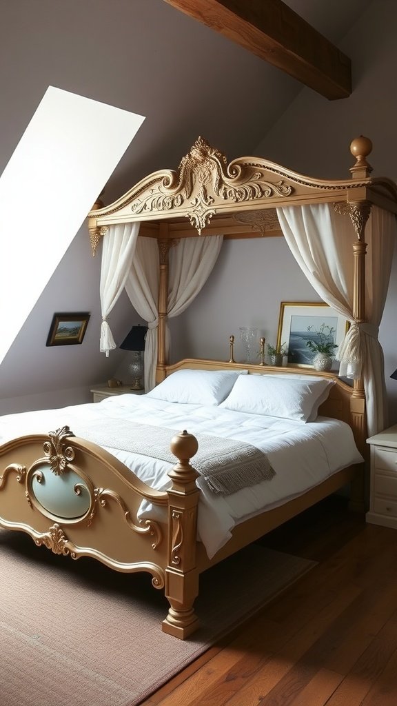 A vintage-inspired loft queen bed with ornate carvings and soft curtains in a cozy bedroom setting.