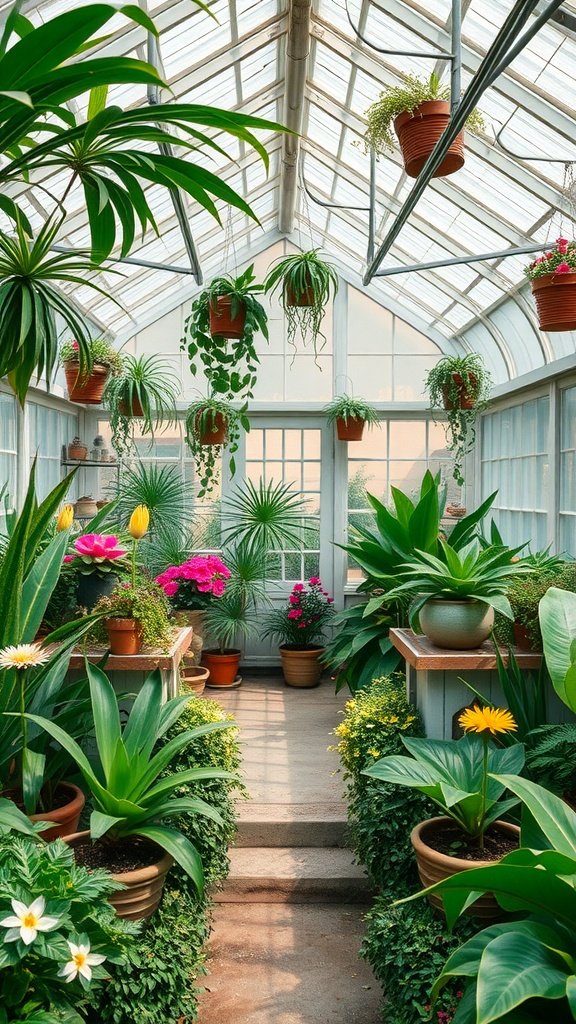 A vibrant vintage-style greenhouse filled with various plants and flowers.