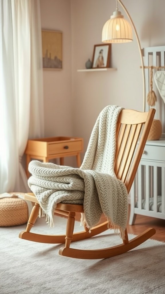 A vintage-style rocking chair with a soft blanket draped over it, placed in a cozy nursery setting.