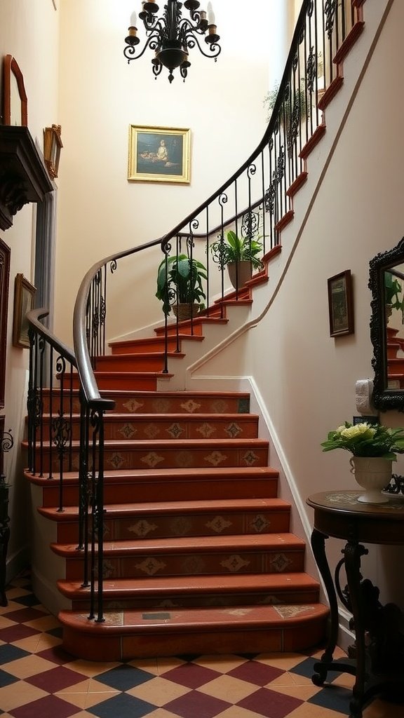 A vintage-style staircase with iron balusters, decorated with potted plants and framed artwork, showcasing a warm and inviting atmosphere.