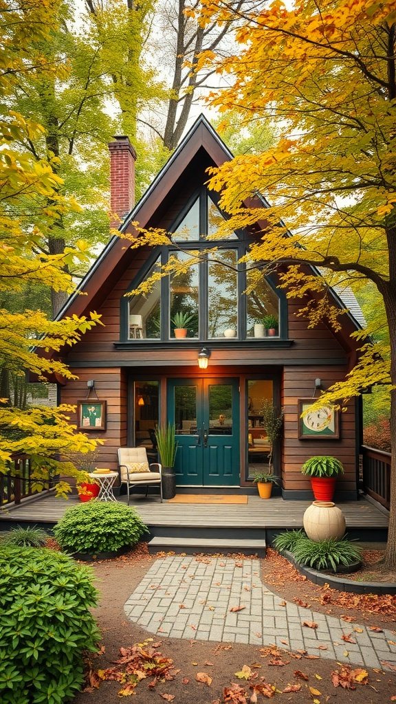 A vintage A-frame house surrounded by autumn leaves, featuring a cozy porch with a green door and large windows.