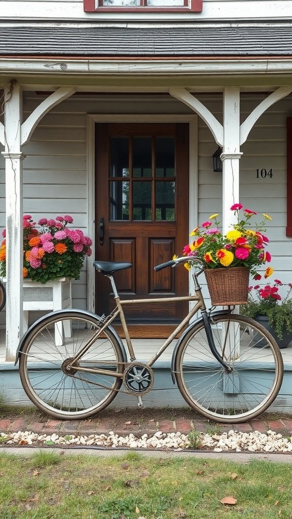 A vintage bicycle with a flower basket on a farmhouse porch, surrounded by colorful flowers