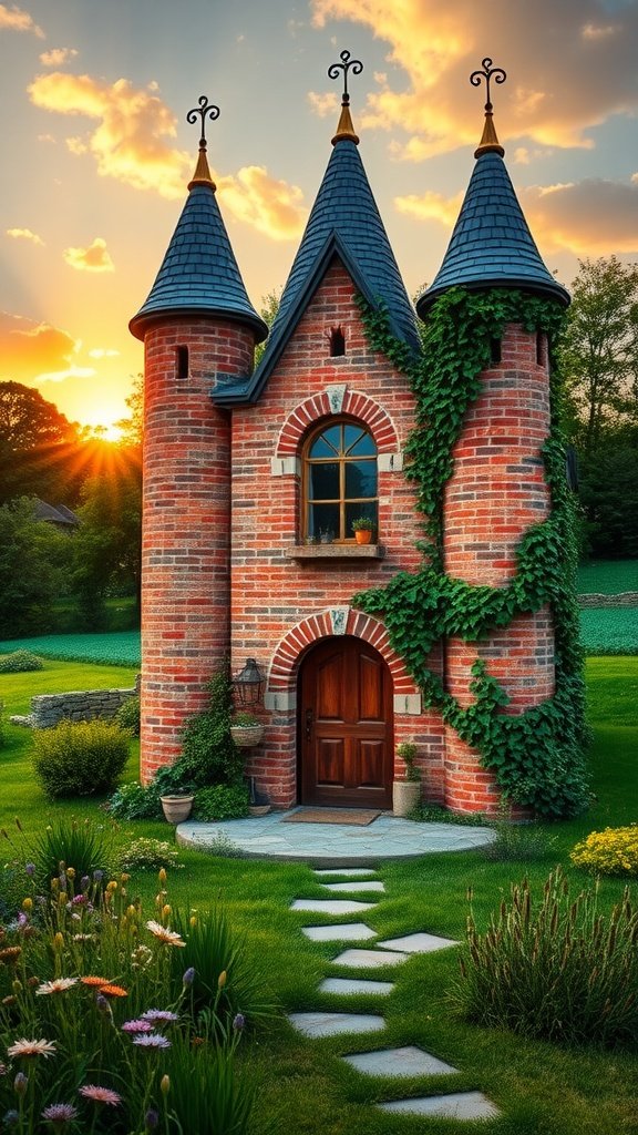 A vintage brick castle with turrets surrounded by a lush garden and a winding stone path.