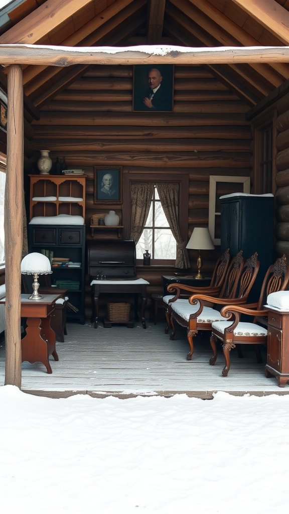 Interior of a vintage cabin featuring antique furniture and wooden walls, with snow outside