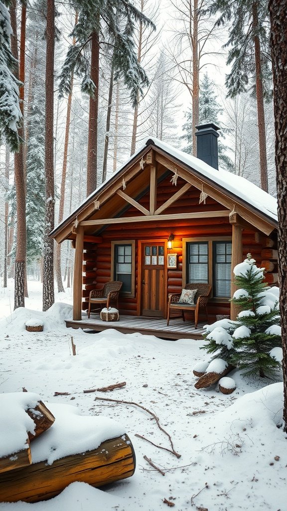 A vintage cabin surrounded by snow-covered trees, featuring a wooden porch and rustic decor.