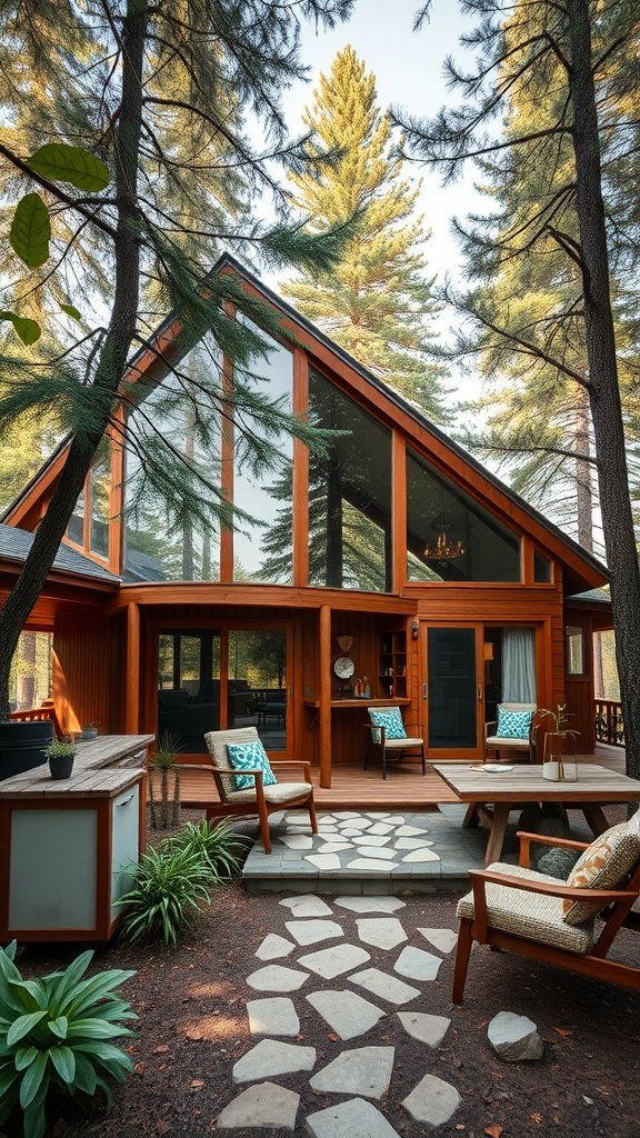 A mid-century modern cabin with large glass windows and wooden elements, surrounded by tall trees.