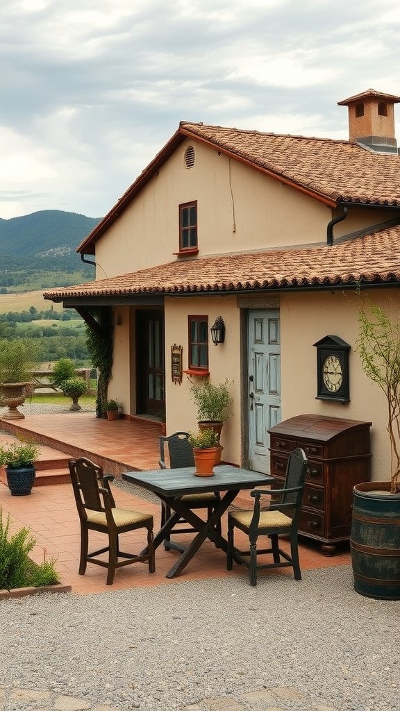 Exterior view of a vintage farmhouse in Extremadura, featuring a red-tiled roof, wooden furniture, and a cozy porch.