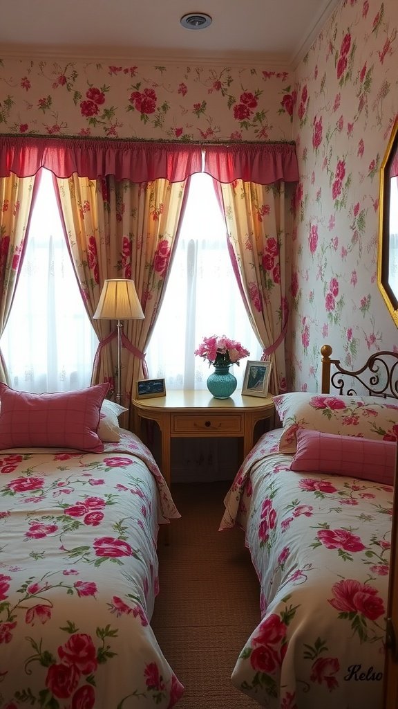 A charming farmhouse guest bedroom with vintage floral patterns on the wallpaper and bedding, featuring twin beds flanked by a bedside table with flowers.