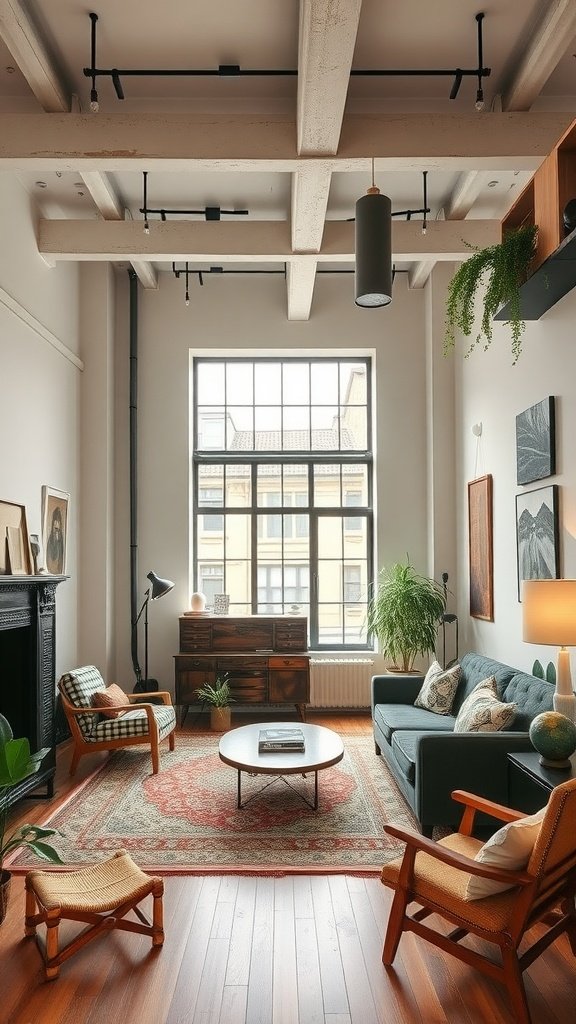 A modern loft living room featuring vintage furniture accents, including a green sofa, wooden chairs, and a patterned rug.