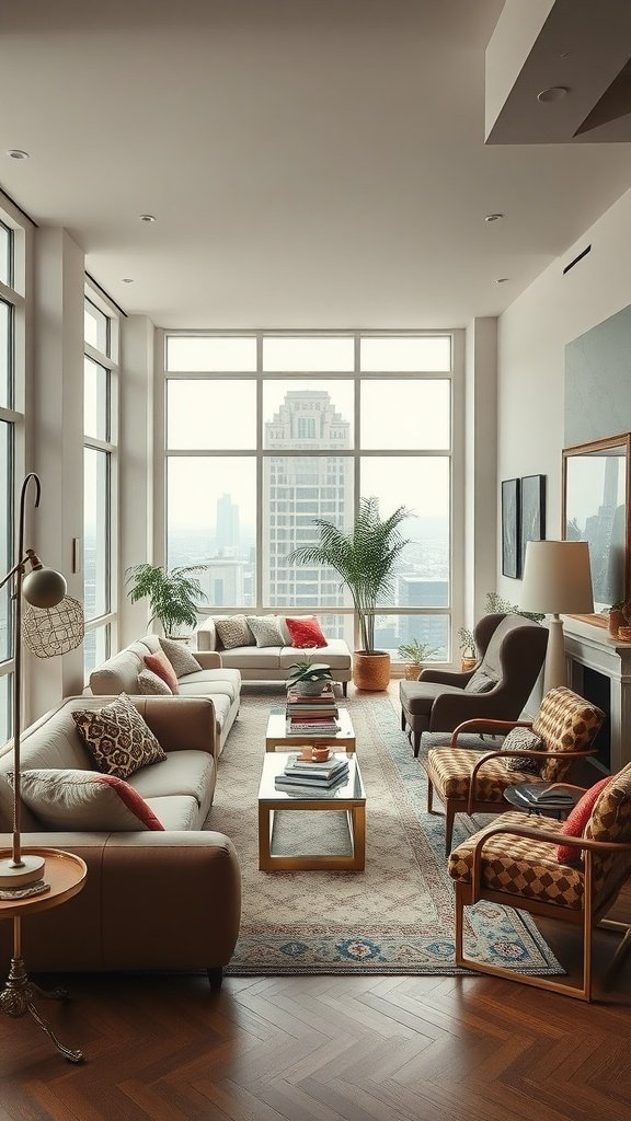 A stylish living room featuring vintage furniture, large windows, and a cozy atmosphere.