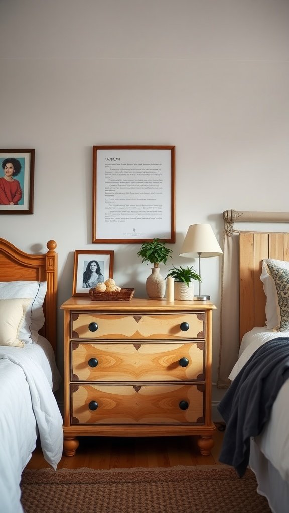 Cozy bedroom featuring vintage wooden nightstand with modern lamp and plants