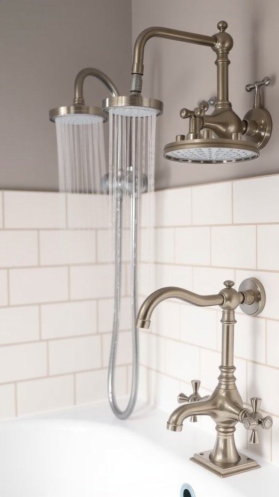 Vintage-inspired bathroom fixtures with dual showerheads and a stylish faucet