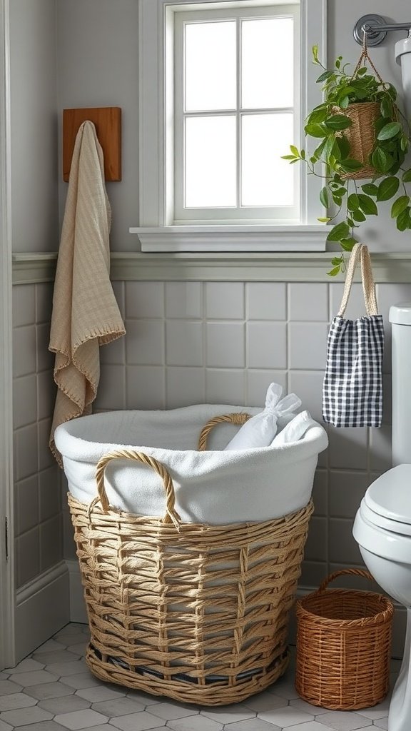 A vintage-style large woven laundry basket with a white liner in a farmhouse bathroom setting.