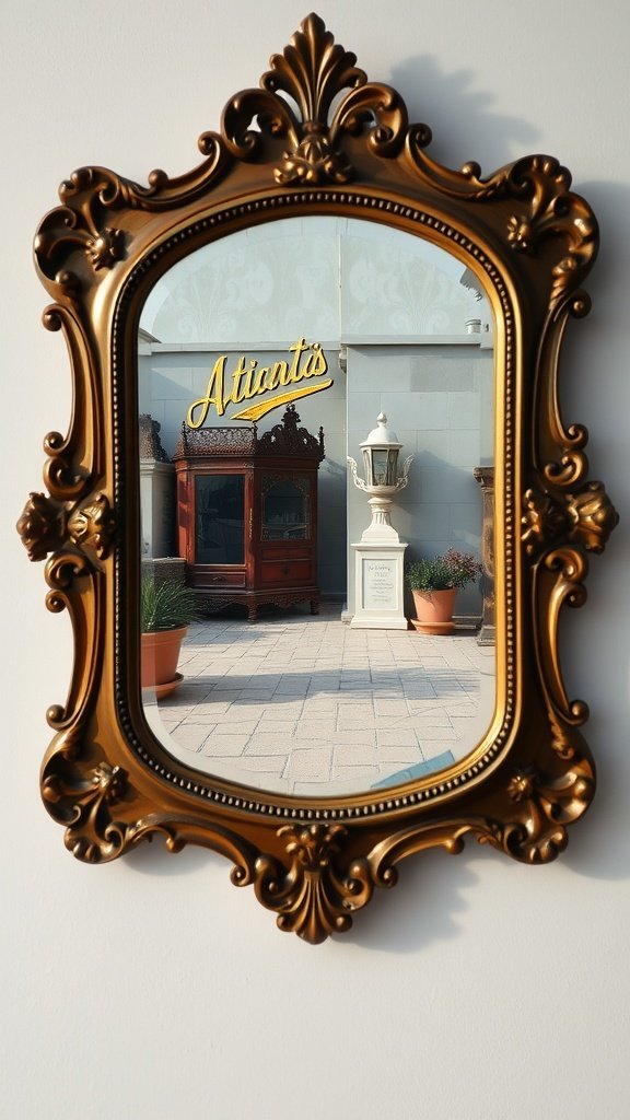 Vintage ornate mirror reflecting a cozy outdoor scene