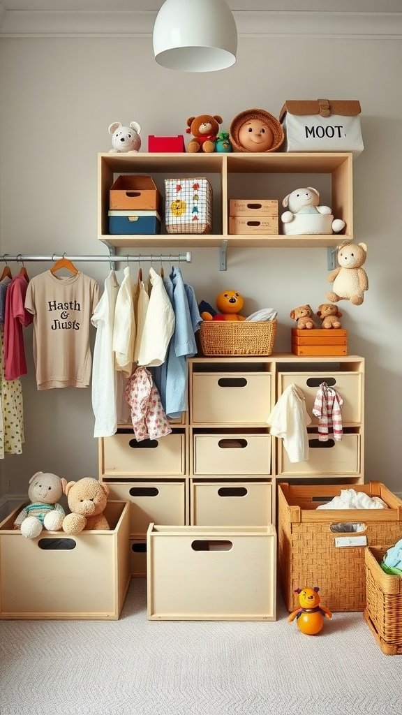 A cozy nursery with vintage storage solutions, featuring wooden crates and colorful bins for organizing baby clothes and toys.